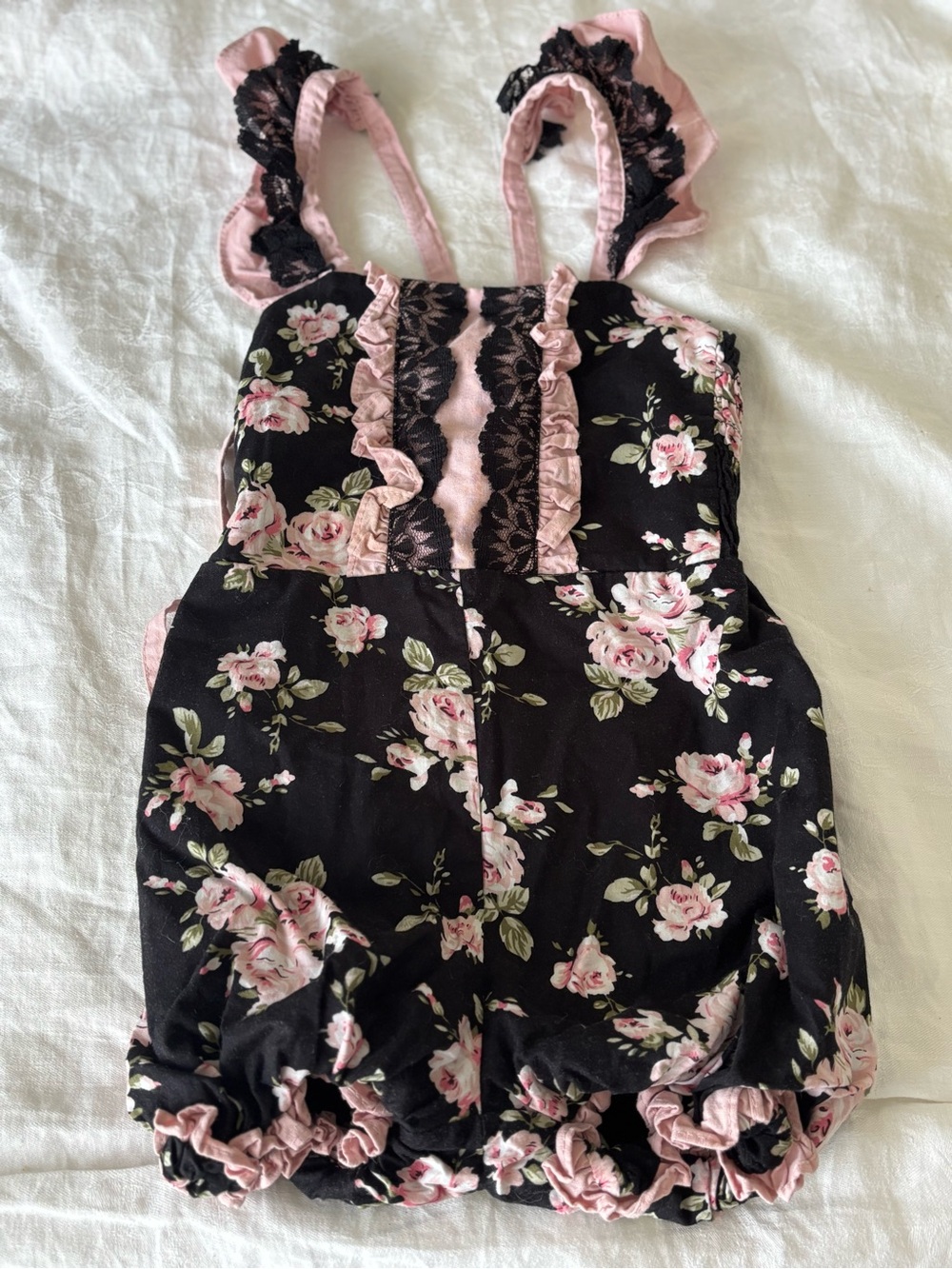 Dollcake Girls Floral Romper Size 2 Black Pink Rose Bubble Lace Ruffle